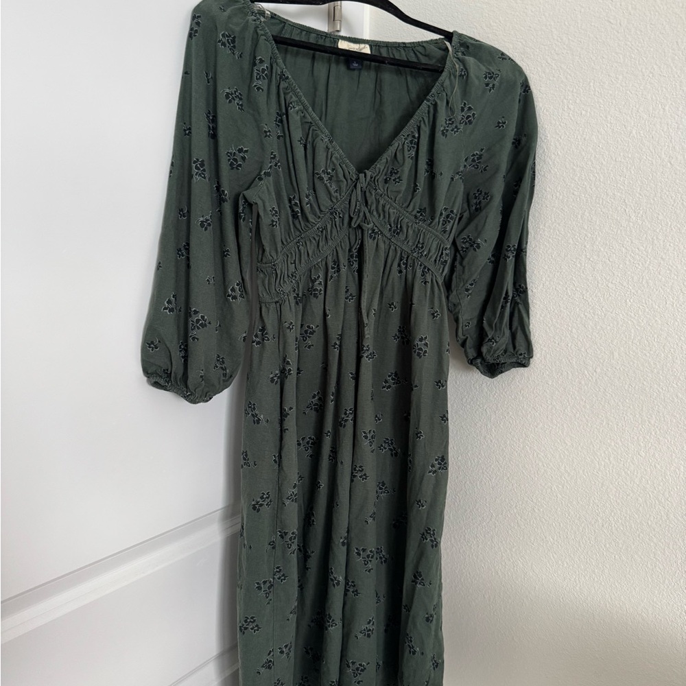 Olive Green Floral V-Neck Women’s Dress